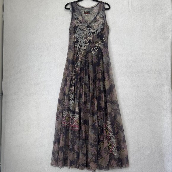 Johnny Was Biya Dress Womens Small Black Floral Embroidered Mesh Maxi B31120-5 - Picture 1 of 6